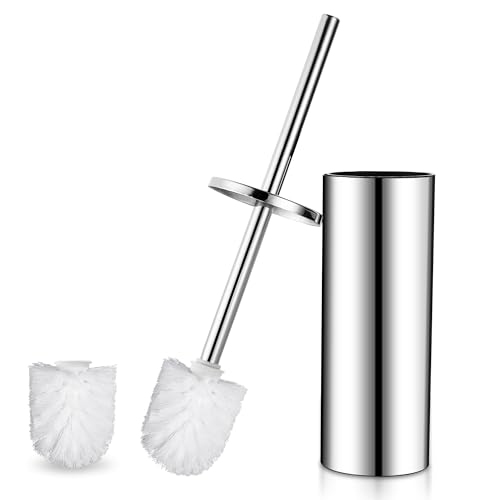 GERUIKE Toilettenbürste Klobürste mit Stehen Klobürstenhalter WC Bürstengarnitur enthält 2 Weiße WC Bürstenkopf und Toilettenbürstenhalter aus Edelstahl Chrom Silber von GERUIKE