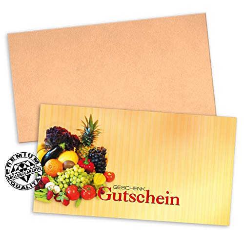 GESCHENKGUTSCHEINcom 50 Stk. Geschenkgutscheine mit Kuvert. Blanko-Gutscheine für Obst und Gemüse, Obst und Gemüsehandel. OG1201 von GESCHENKGUTSCHEINcom by POS-HAUER