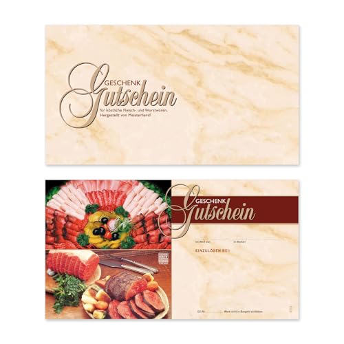 GESCHENKGUTSCHEINcom 100 Stk. Geschenkgutscheine Blanko-Vordrucke für Firmen. Gutscheine für Metzgerei Fleischhauerei Fleisch- und Wurstwaren. M1214 von GESCHENKGUTSCHEINcom by POS-HAUER