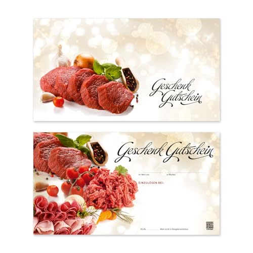 GESCHENKGUTSCHEINcom 100 Stk. Geschenkgutscheine Blanko-Vordrucke für Firmen. Gutscheine für Metzgerei Fleischhauerei Fleisch- und Wurstwaren. M1222 von GESCHENKGUTSCHEINcom by POS-HAUER