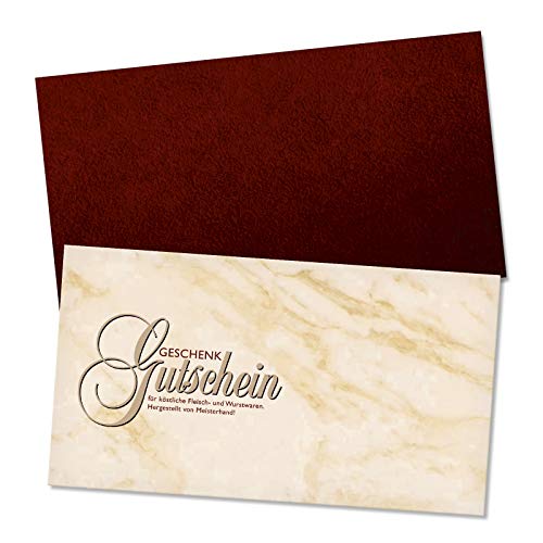 GESCHENKGUTSCHEINcom by POS-HAUER. Gutschein-Set. 100x Gutschein + Kuvert. Für Metzgerei Fleischhauerei Fleischerei Unternehmen Firmen, blanko zum selber Ausfüllen. von GESCHENKGUTSCHEINcom by POS-HAUER