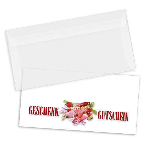 GESCHENKGUTSCHEINcom by POS-HAUER. Gutschein-Set. 100x Gutschein + Kuvert. Für Metzgerei Fleischhauerei. von GESCHENKGUTSCHEINcom by POS-HAUER