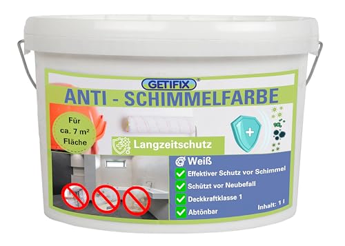 GETIFIX Anti-Schimmelfarbe 1 L (ca. 7 m²) für innen, weiß und Deckkraftklasse 1, geruchsarm, für viele Wände von GETIFIX