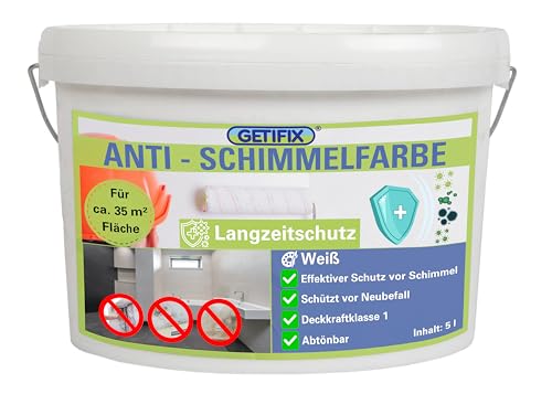 GETIFIX Anti-Schimmelfarbe 5 L (ca. 35 m²) für innen, weiß und Deckkraftklasse 1, geruchsarm, für viele Wände von GETIFIX