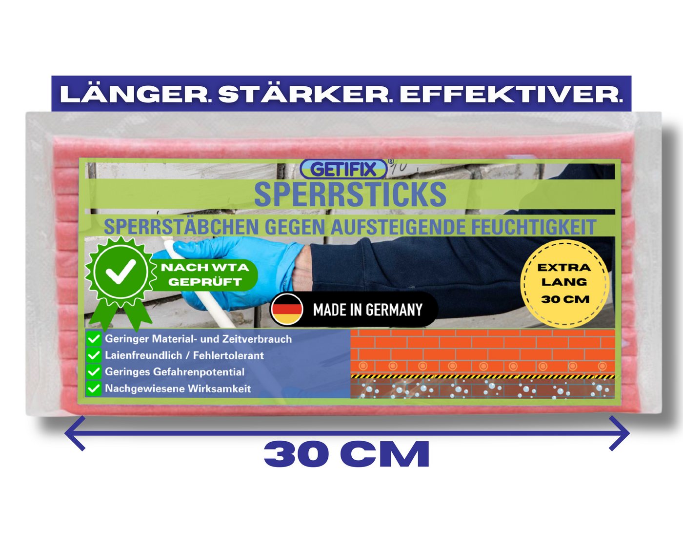 GETIFIX Dichtstoff GETIFIX Horizontallsperre Sticks, Silan Siloxan, Sticks, Stäbchen, gebrauchsfertig, (10-tlg), Extra Lang, 30 cm, länger als herkömmliche Produkte von GETIFIX