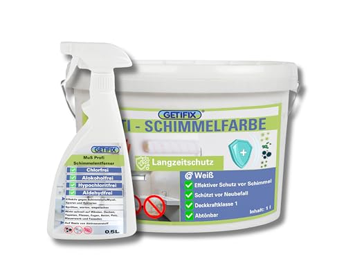 GETIFIX Schimmelentferner Spray (chlorfrei) 0,5 l + Schimmelfarbe Weiß 1 l, effektives Duo für die Schimmelentfernung und nachhaltigen Schutz vor Neubefall, für viele Wände geeignet von GETIFIX