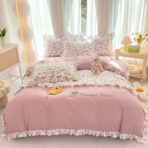 GETIYA Damen Mädchen Bettwäsche 135x200 Rosa Blumen Bettwäsche Mikrofaser Romantisch Rüschen Bettwäsche Floral Blumen Muster Bettbezug Einzelbett Rosa Bettwaren-Set mit 1 Kissenbezug 80x80 von GETIYA