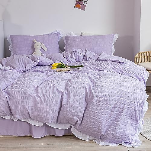 GETIYA Elegant Hellviolett Seersucker Bettwäsche 135x200 4Teilig Flauschige Mikrofaser Bettwäsche mit Weiß Rüschen Bettwäsche Lila Violett 2 Bettbezug 135x200 und 2 Kissenbezug 80x80 von GETIYA