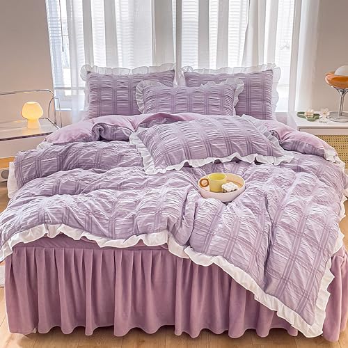 GETIYA Elegant Lila Seersucker Bettwäsche 135x200 4Teilig Weich Mikrofaser Bettwäsche mit Weiß Rüschen Bettwäsche Violett 2 Seersucker Bettbezug 135x200 und 2 Kissenbezug 80x80 von GETIYA