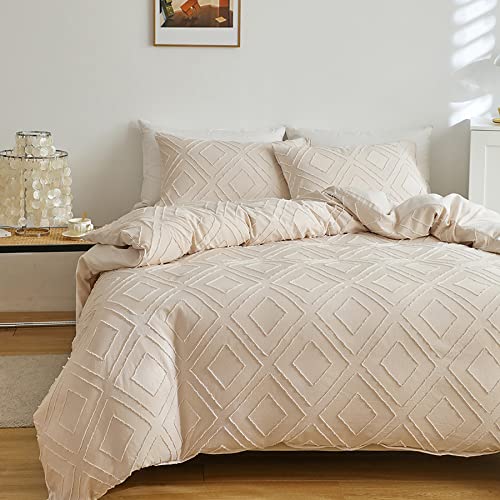 GETIYA Exquisite Stickerei Bettwäsche 200x200 Geometrische Bettwäsche Kariert Karo Bettwäsche Beige Herren Damen Bettwäsche Einfarbig Getuftet Bettbezug Mikrofaser Deckenbezug mit 2 Kissenbezug 80x80 von GETIYA