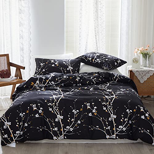 GETIYA Herren Damen Bettwäsche 200x220cm 3Teilig Schwarz Weiß Blumen Bettwäsche Pflanzen Muster Blümchen Bettbezug Mikrofaser Reißverschluss Deckenbezug mit 2 Kissenbezug 80x80cm von GETIYA