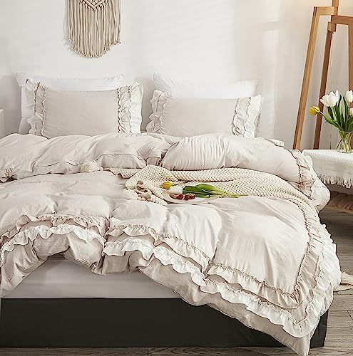 GETIYA Luxus Rüschen Bettwäsche 220x240 3Teilig Exquisite Weiß Beige Rüschen Bettwäsche Damen Herren Weich Microfaser Bettbezug Rüschen Dekoration Doppelbett Deckenbezug mit 2 Kissenbezug 80x80 von GETIYA