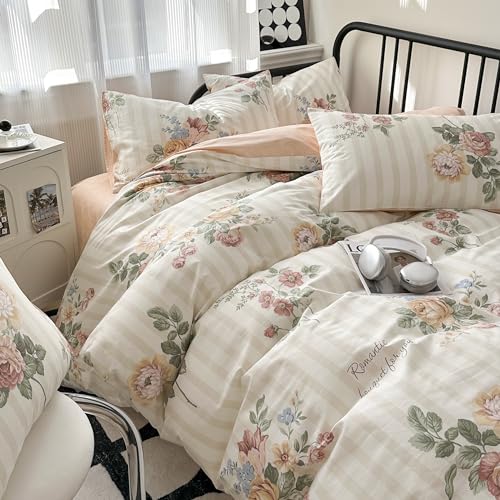 GETIYA Mädchen Damen Bettwäsche 200x220 3Teilig Romantisch Blumen Bettwäsche Baumwolle Blümchen Bettbezug Doppelbett Bunt Blumen Bettwaesche Weiß Hellorange mit 2 Kissenbezug 80x80 von GETIYA