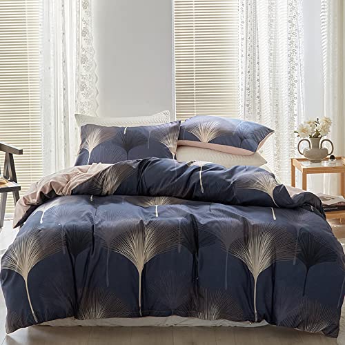 GETIYA Microfaser Bettwäsche 220x240 Ginkgo Blätter Bettwäsche Dunkelblau Herren Damen Bettwäsche Pflanzen Muster Wendebettwäsche Blätter Bettbezug Paar Bett mit 2 Kissenbezüge 80x80 von GETIYA