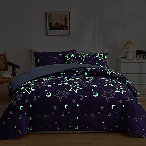 GETIYA Modern Bettwäsche 155x220 Weich Mikrofaser Bettwäsche Stern Mond Leuchtend im Dunkeln Bettbezug Violett Lila Bettwäsche Mädchen Damen Deckenbezug Einzelbett mit Kissenbezug 80x80 von GETIYA