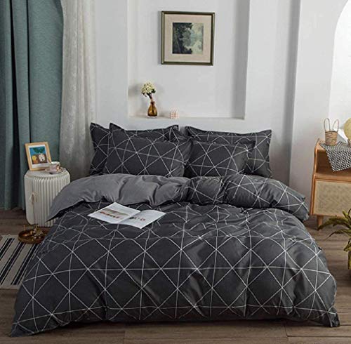 GETIYA 【Neueste】 Damen Herren Bettbezug 200x220 Dunkelgrau Geometrisch Bettwäsche 3 TLG Karo Muster Bettwäsche Landhaus Kariert Bettwäsche Mikrofaser Wendebettwäsche mit Kissenbezüge 80x80 Doppelbett von GETIYA