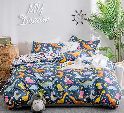 GETIYA 【Neueste】 Jungen Bettwäsche 135x200 4 Teilig Kinder Cartoon Dinosaur Tieremotiv Bettwäsche Set mit 2 Kopfkissenbezug 80x80cm Prämie Mikrofaser Wendebettwäsche Blau Bettbezüge mit Dino Muster von GETIYA