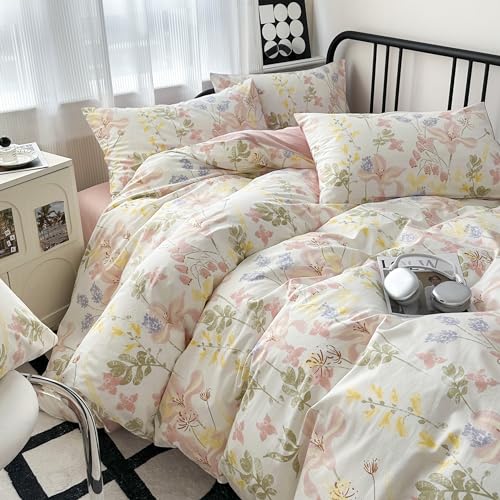 GETIYA Romantisch Blumen Bettwäsche 200x200 Baumwolle Bettwäsche Damen Mädchen Bunt Blumen Muster Bettbezug Doppelbett Blümchen Floral Muster Bettwäsche mit 2 Kissenbezug 80x80 von GETIYA