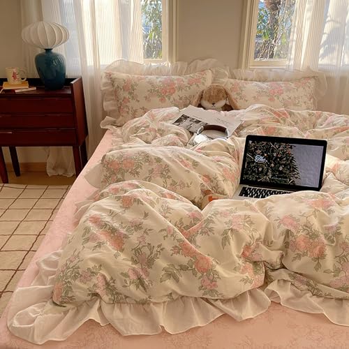 GETIYA Rosa Blumen Bettwäsche 135x200 Baumwolle Bettwäsche mit Rüschen Mädchen Damen Bettbezug Blumen Blümchen Deckenbezug Weiß Rosa Wendebettwäsche Einzelbett mit 1 Kissenbezug 80x80 von GETIYA