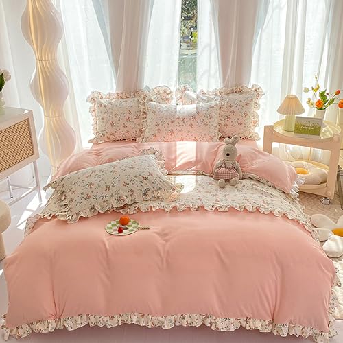 GETIYA Rosa Blumen Bettwäsche 135x200 Blumen Muster Rosa Einfarbig Spleißen Bettwäsche mit Rüschen Weich Mikrofaser Bettbezug Einzelbett Mädchen Damen Bettwaren-Set mit 1 Kissenbezug 80x80 von GETIYA