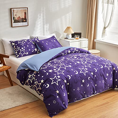 GETIYA Stern Bettwäsche 135x200 Weich Mikrofaser Bettwäsche Damen Mädchen Lila Violett Bettwäsche Mond Stern Muster Leuchtend im Dunkeln Einzelbett Bettbezug Wendebettwäsche mit Kissenbezug 80x80 von GETIYA