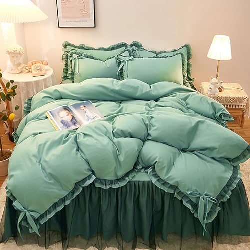 GETIYA Unifarben Grün Bettwäsche 135x200 4Teilig Weich Mikrofaser Bettbezug mit Rüschen Mädchen Damen Deckenbezug mit Schleife Doppelbett Bettwaren Set mit 2 Kissenbezug 80x80 GETIYA Unifarben Grün Bettwäsche 135x200 4Teilig Weich Mikrofaser Bettbezug mit Rüschen Mädchen Damen Deckenbezug mit Schleife Doppelbett Bettwaren Set mit 2 Kissenbezug 80x80 von GETIYA