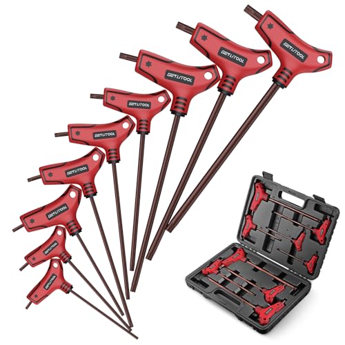 GETLIOTOOL T-Griff schlüssel-Satz, 9tlg Torxkopf T-Griff Schraubendreher Set TX10-TX50, S2 Stahl Stiftschlüssel mit Quergriff Set von GETLITOOL