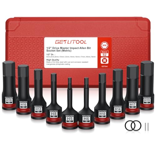 GETLITOOL 1/2" Kraft Innensechskant Schlagschrauber Nüsse Satz, 10tlg Sechskant Bit Stecknuss Set HX 5mm - 19mm, S2-Stahl Innensechskant Steckschlüssel Set für Innensechskantschrauben von GETLITOOL