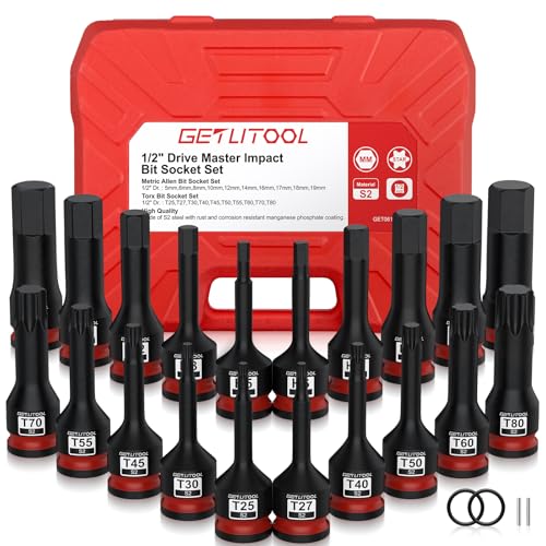 GETLITOOL 1/2" Kraft Sechskant un Torx Bit Schlagschrauber Nüsse, 20tlg S2-Stahl Bit Einsatz Satz HX 5mm - 19mm, T25 - T80, Länge 78 mm Stecknuss Steckschlüssel Set für Hex TX Schrauben von GETLITOOL
