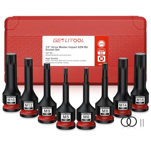 GETLITOOL 1/2" Kraft Vielzahn Bit Schlagschrauber Nüsse Satz, 8tlg S2-Stahl Kraft XZN Bit Einsatz Satz M5-M18, Länge 78 mm Vielzahn Bits Steckschlüssel Set Innenvielzahn für XZN von GETLITOOL