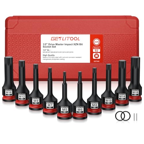 GETLITOOL 1/2" Kraft Vielzahn Bit Steckschlüssel Satz, 10tlg S2-Stahl Kraft XZN Bit Einsatz Satz M5-M18, Länge 78 mm Vielzahn Kraft Schlagschrauber Nüsse Satz Innenvielzahn für XZN von GETLITOOL