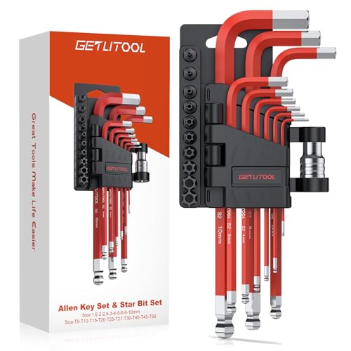 GETLITOOL 20tlg Innensechskant mit Torx Bit Satz, S2-Stahl Innensechskantschlüssel Kugelkopf 1,5mm-10mm & Torx Bit Set T8-T50 mit Adapter in Klapphalter, tragen und ordentlich Winkelschlüsselsatz von GETLITOOL
