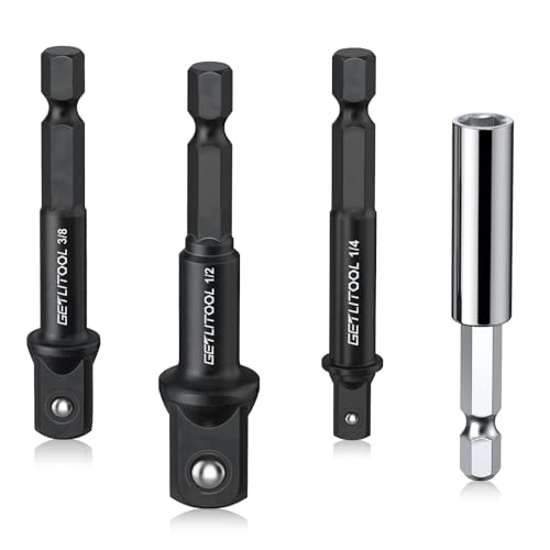 GETLITOOL 4tlg Stecknuss Adapter, 1/4" 1/2" 3/8" Steckschlüssel Adapter, Magnet-Bithalter, 1/4" Hex-Schaft, Cr-V-Stahl Stecknussadapter für Akku Schrauber Drehmomentschlüssel Schlag-Bohrer von GETLITOOL