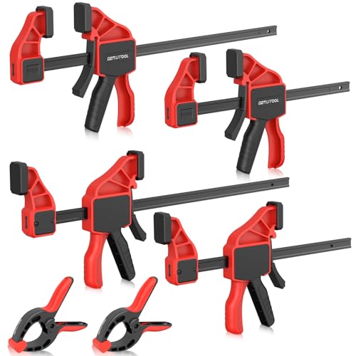 GETLITOOL Einhandzwingen un klemmzwingen Set 6tlg. 4x Profi Schraubzwingen 75kg Spannkraft, Spannweite 155/310 mm, Dehnbereich 130-435mm, 2x Federklemmen Maulweite 70mm für präzises Fixieren von Holz von GETLITOOL