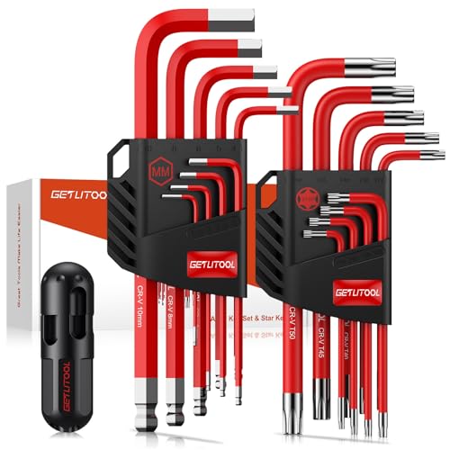 GETLITOOL Innensechskant Satz, 18tlg. Innensechskantschlüssel Kugel HX 1,5mm-10mm & Torx Winkelschlüssel TX T10-T50, Cr-V-Stahl, Profi Sechskantschlüssel Set klein ordentlich mit Halter T-Griff von GETLITOOL