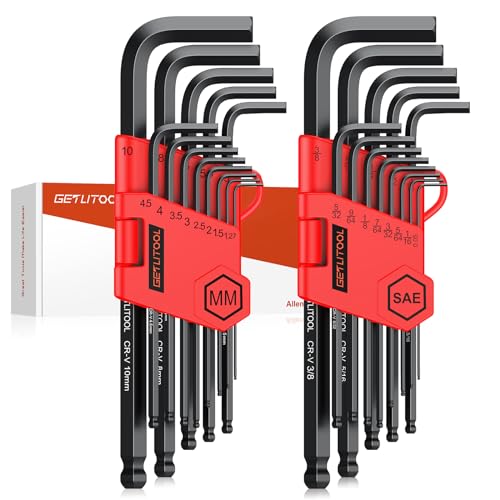 GETLITOOL Innensechskant Satz, 26tlg. Innensechskantschlüssel Kugel HX Metrisch 1,27mm-10mm, & Zoll 0.05"-3/8", Cr-V-Stal, Profi Sechskantschlüssel Set schwarz, klein und kompakt mit Klapphalter von GETLITOOL