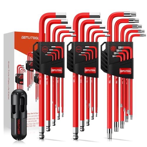 GETLITOOL Innensechskant Satz mit Magnet-Kopf, 27tlg. Profi Sechskantschlüssel Set S2 Stahl, Extra lang Arme, Metrisch&Zoll Kugelkopf &Torx Winkelschlüssel Set ordentlich mit Halter T-Griff(Rot) von GETLITOOL