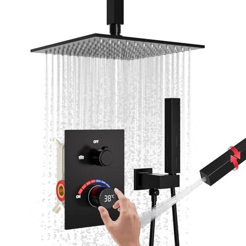 Temperaturanzeige Duschsystem, Deckenhalterung 10 Zoll Duschkopf mit 2 in 1 Handbrause Wasserhahn Set, Mattschwarz Temperaturanzeige Duschsystem, Deckenhalterung 10 Zoll Duschkopf mit 2 in 1 Handbrause Wasserhahn Set, Mattschwarz von GETSHOWERSET