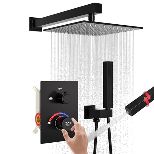 Temperaturanzeige Duschsystem, Wandhalterung 10 Zoll Duschkopf mit 2 in 1 Handbrause Wasserhahn Set, Mattschwarz Temperaturanzeige Duschsystem, Wandhalterung 10 Zoll Duschkopf mit 2 in 1 Handbrause Wasserhahn Set, Mattschwarz von GETSHOWERSET