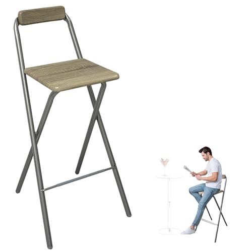 GETSTREE Klappbarer Barhocker, klappbarer hoher Hocker mit Rückenlehne, tragbarer Stuhl in Thekenhöhe, Metallrahmen, klappbar for den Balkon (Holz), 75 cm von GETSTREE