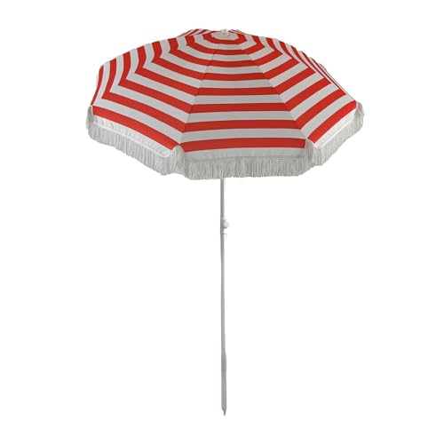 Gartensonnenschirm, gestreifter Terrassenschirm for den Außenbereich, Markttisch-Quastenschirm, runde Sonnenschirme mit Neigung und 8 Streben for Strand, Garten, Hof, Deck, Rot, 1,8 m von GETSTREE