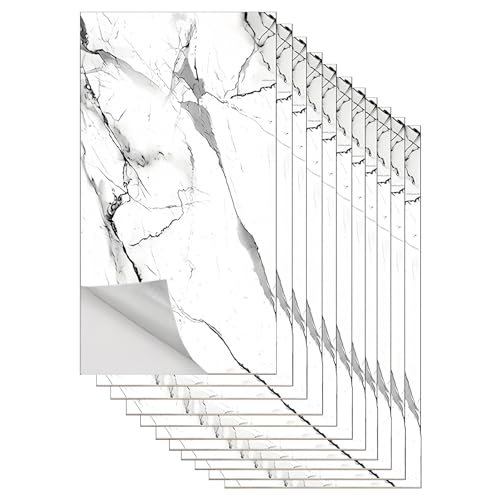 10 Stück Fliesenaufkleber Marmor (60x30 cm) - Selbstklebende Klebefliesen für Küche & Bad - Wasserdichte PVC Fliesenfolie als Wandpaneele für Rückwand, Dusche (Weißgraue Marmorierung 112) von GEXAL