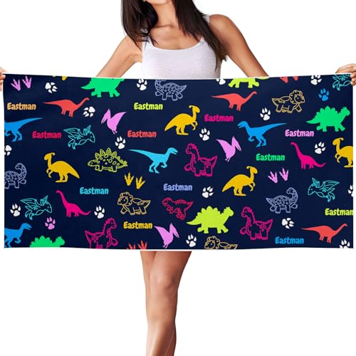GEXHSRGD Individuelles Strandtuch, personalisierte Handtücher mit Namen, schnelltrocknende personalisierte Strandtücher für Pool, Strand, Urlaub(Dinosaurier dunkelblau) von GEXHSRGD