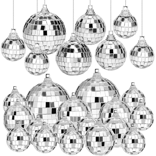 32 Stück Discokugeln Set 4 Größen 2cm 3cm 4cm 5cm Silber Discokugel Silber Disco Spiegel Ball Disco Balls Cake Toppers Mini Discokugel Deko mit Hängendem Ring für hängende Disco Ball Dekoration von GEXINKEJI