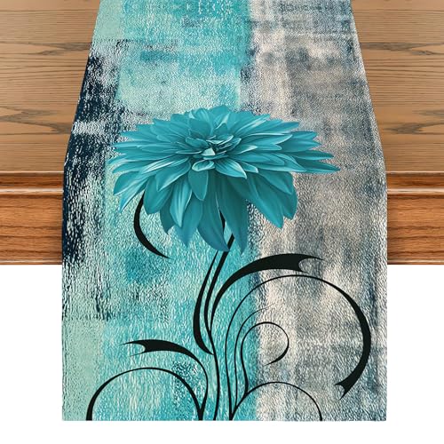 Tischläufer Frühling Vintage Blau Herbst Leinen Abstrakte Blaugrüne Blumen Tischdeko Rustikales Ölgemälde Tischläufer Akzenttisch Dekoratives Tuch für Bankett Party Urlaub Hochzeiten 33 x 183 von GEXINKEJI