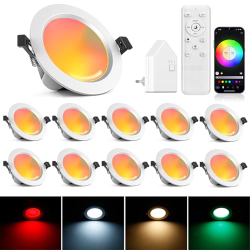 10er 9W RGBWC+CCT LED LED Spots 230V, WiFi Bluetooth LED Einbaustrahler Dimmbar LED Einbauspots Flach LED Downlight Einbauleuchten, RGB+2700K-6500K, APP Steuerung, Kompatibel mit Alexa Google Home von GEYUEYA Home