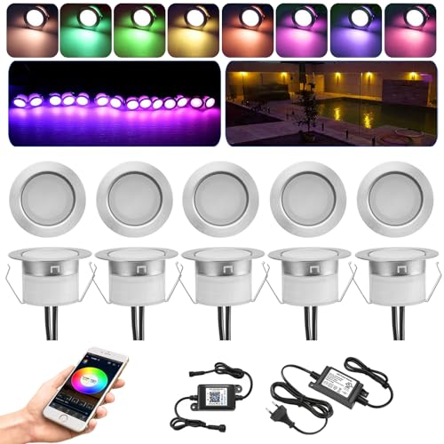 10er Bluetooth Led Bodeneinbaustrahler RGBWW Außen, Ø45mm Dimmbar Led Bodenspots Außen Terrassen Bodeneinbauleuchten Treppen Einbaustrahler, DC12V IP67 Wasserdicht Terassenbeleuchtung (RGB + Warmweiß) von GEYUEYA Home