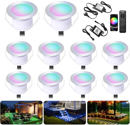 10er WiFi RGBWW Led Bodeneinbauleuchten Aussen, Ø31mm Dimmbar Led Bodeneinbaustrahler Bodenspots Terrassen Einbaustrahler Außen, DC12V 0.5W IP67 Wasserdicht Terassenbeleuchtung (RGB + Warmweiß) von GEYUEYA Home
