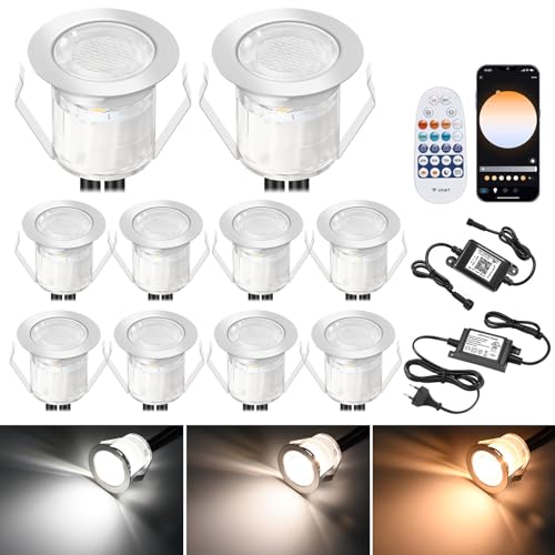 10er WIFI CCT Bodeneinbaustrahler Aussen Led, Ø30mm 12v Treppenbeleuchtung Mini Spot Led Bodeneinbauleuchten, Warmweiß Kaltweiß CCT, IP67 Wasserdicht, APP Steuerbar, Kompatibel mit Alexa Google Home von GEYUEYA Home