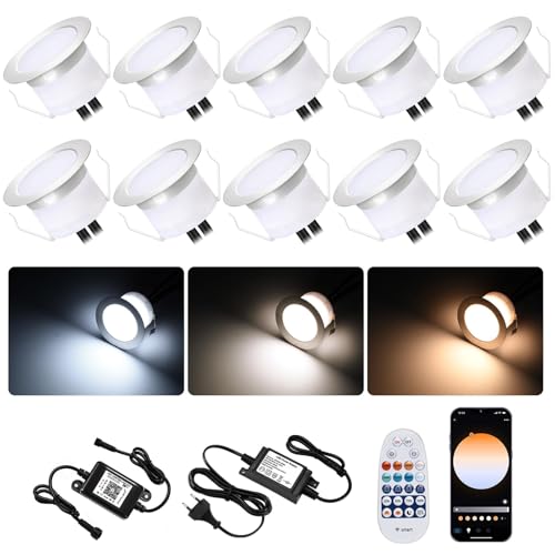 10er WIFI CCT Warmweiß Kaltweiß Bodeneinbaustrahler Aussen, Ø45mm 12V LED Treppenbeleuchtung Mini Spot Bodeneinbauleuchten, IP67 Wasserdicht, APP Steuerbar, Kompatibel Mit Alexa Google Home von GEYUEYA Home